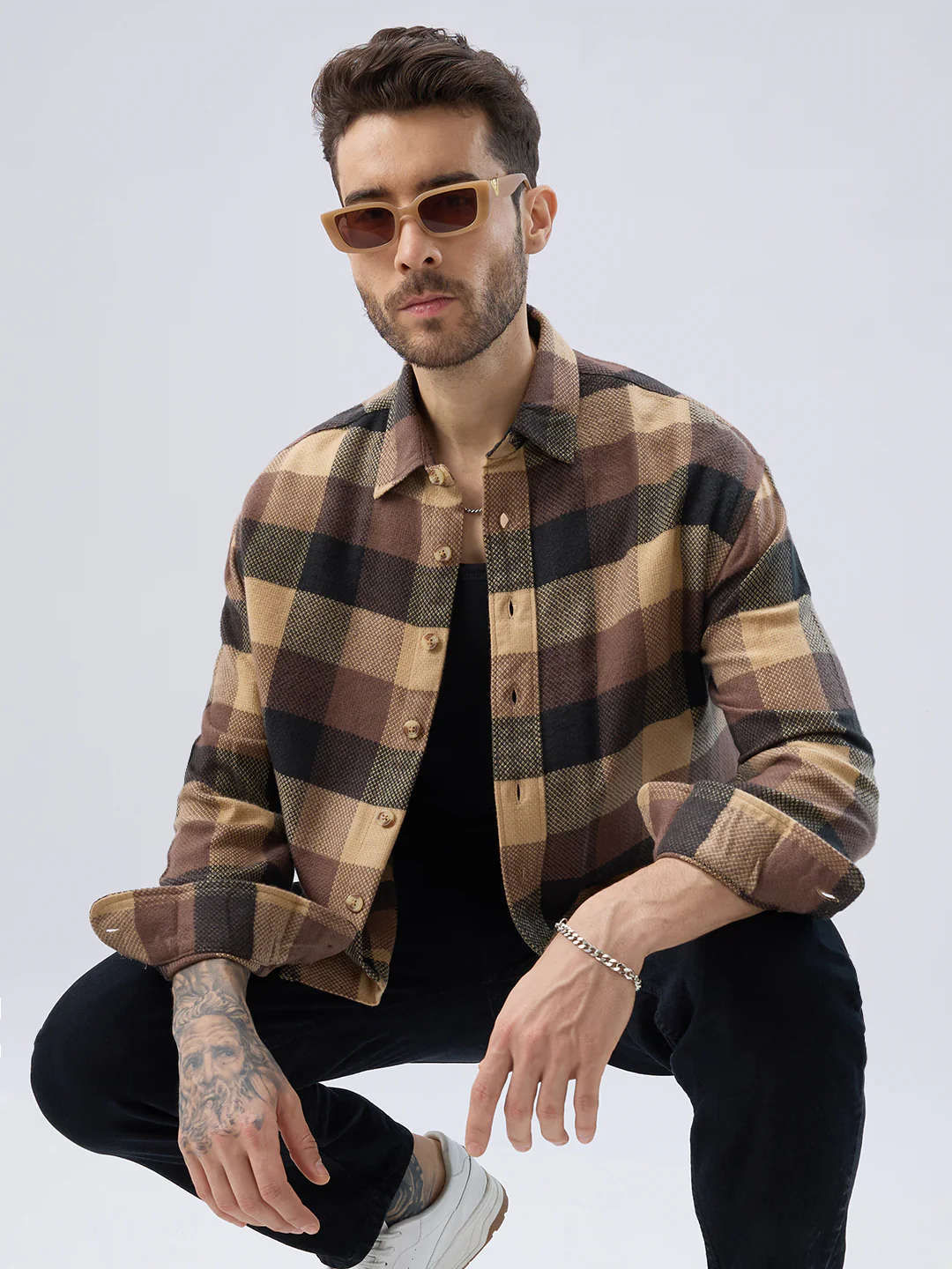 Heritage Brown & Beige Box Checks Boxy Fit Cropped Flannel Shirt - Image 2