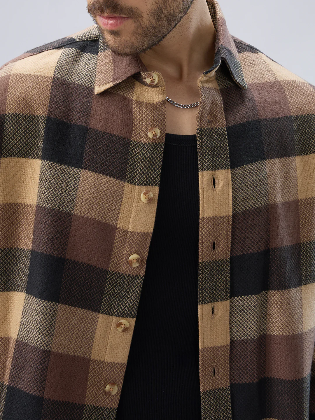 Heritage Brown & Beige Box Checks Boxy Fit Cropped Flannel Shirt - Image 3