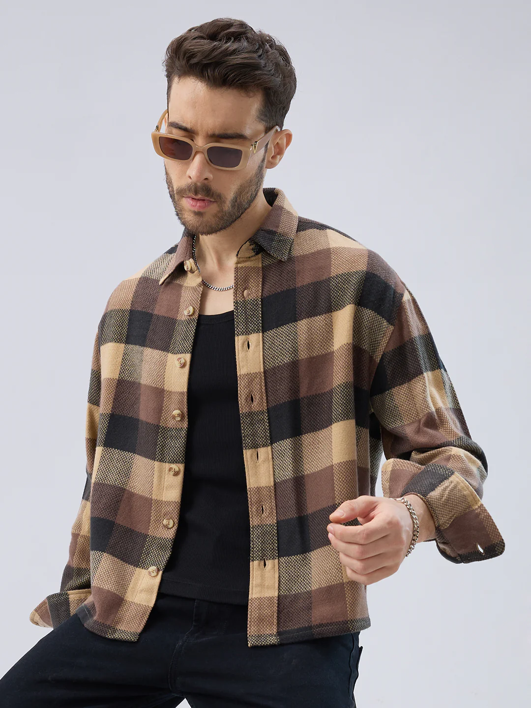 Heritage Brown & Beige Box Checks Boxy Fit Cropped Flannel Shirt - Image 4