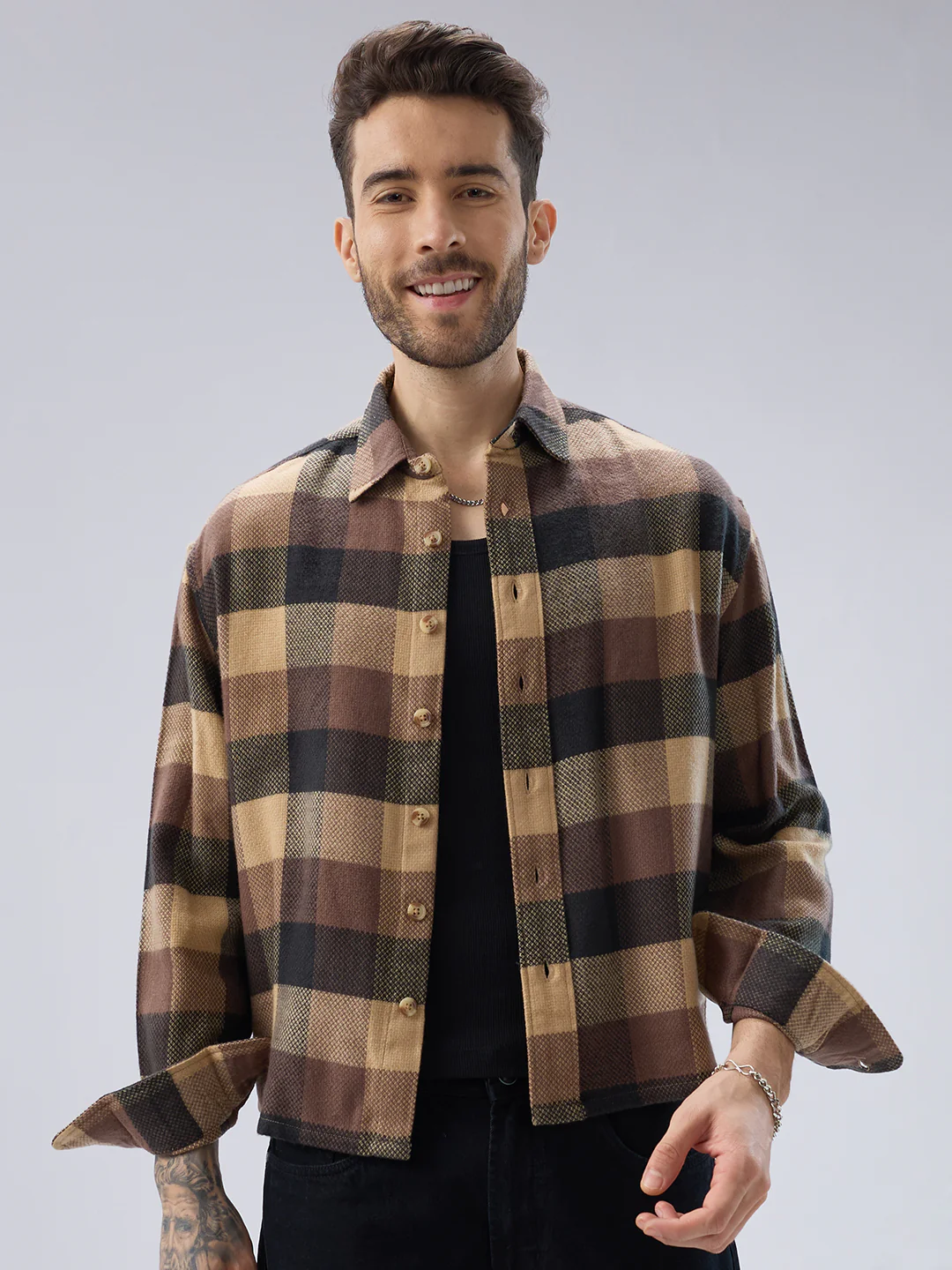 Heritage Brown & Beige Box Checks Boxy Fit Cropped Flannel Shirt - Image 5
