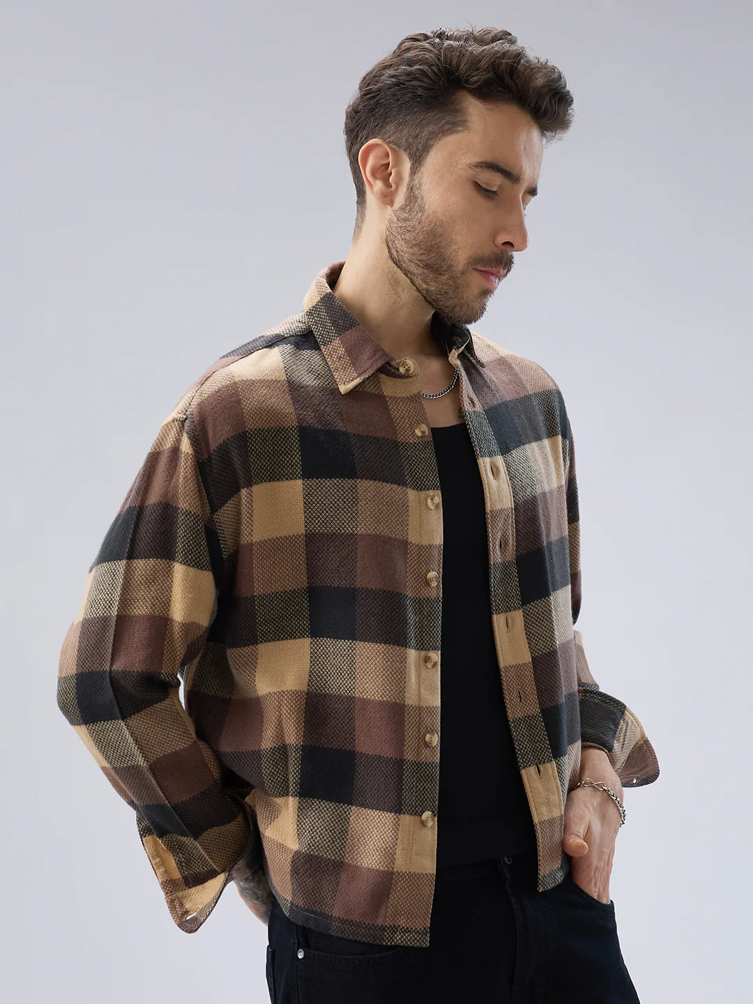 Heritage Brown & Beige Box Checks Boxy Fit Cropped Flannel Shirt - Image 6
