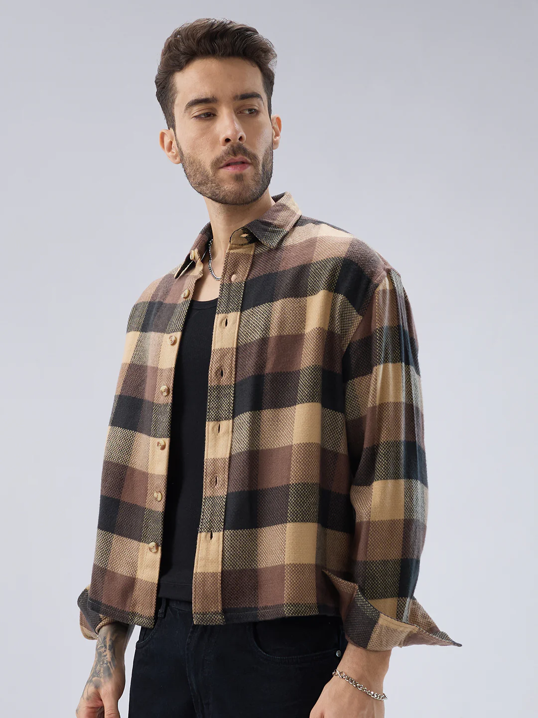 Heritage Brown & Beige Box Checks Boxy Fit Cropped Flannel Shirt - Image 7