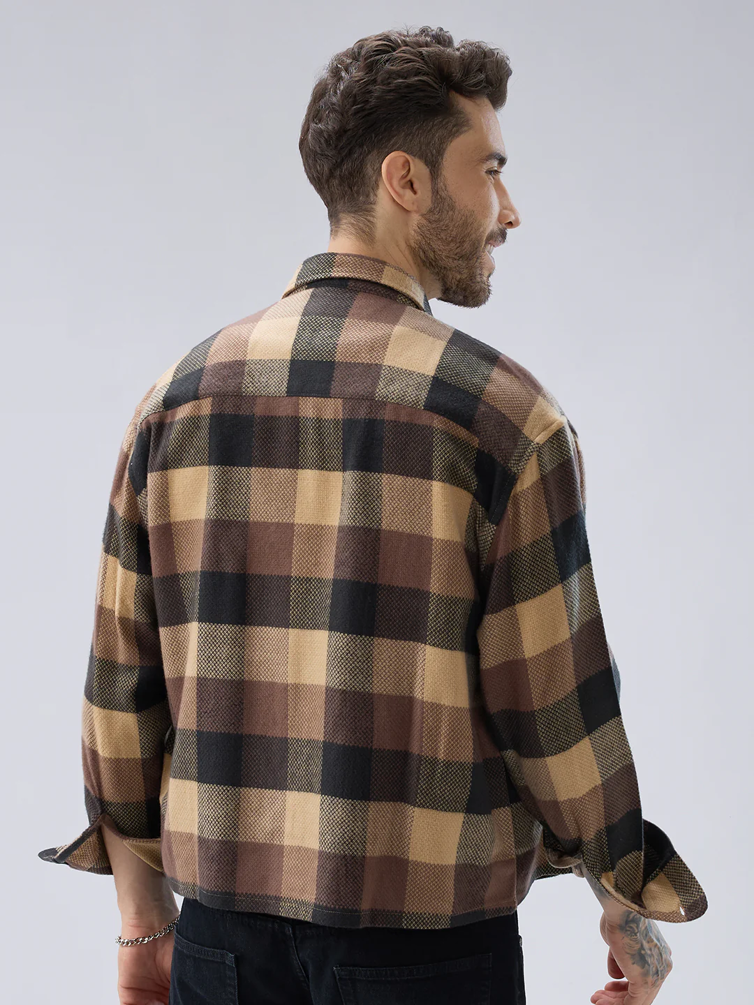 Heritage Brown & Beige Box Checks Boxy Fit Cropped Flannel Shirt - Image 8