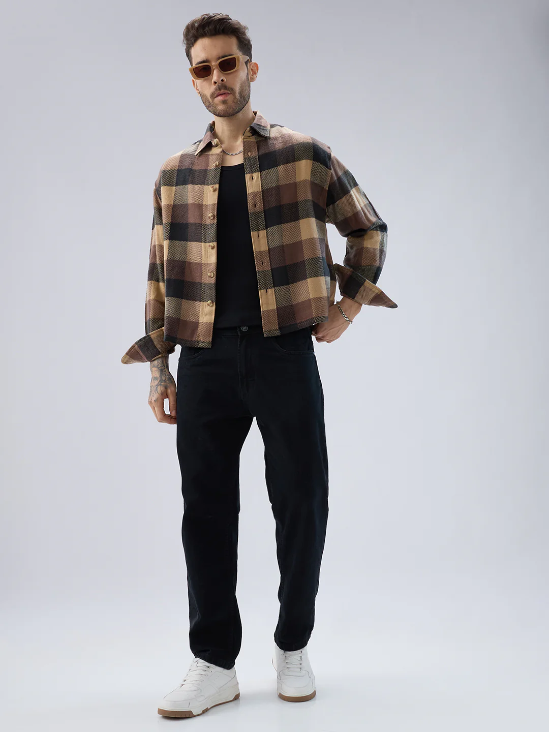 Heritage Brown & Beige Box Checks Boxy Fit Cropped Flannel Shirt - Image 9