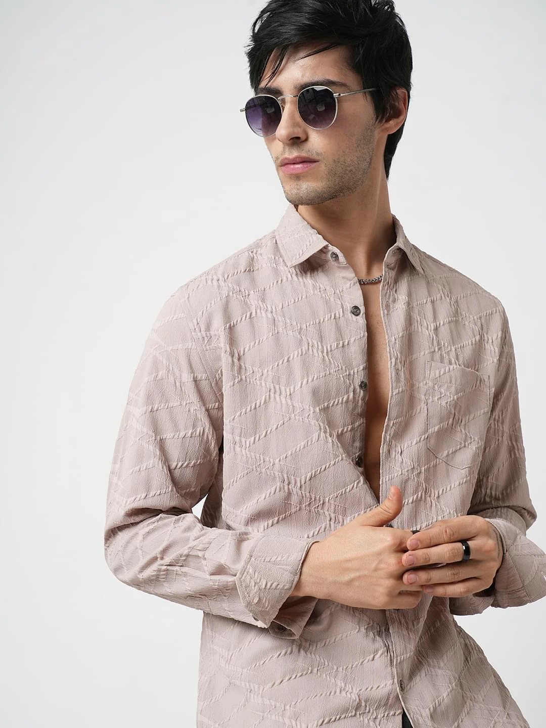 Honey Beige Abstract Textured Detailed Shirt - Image 2