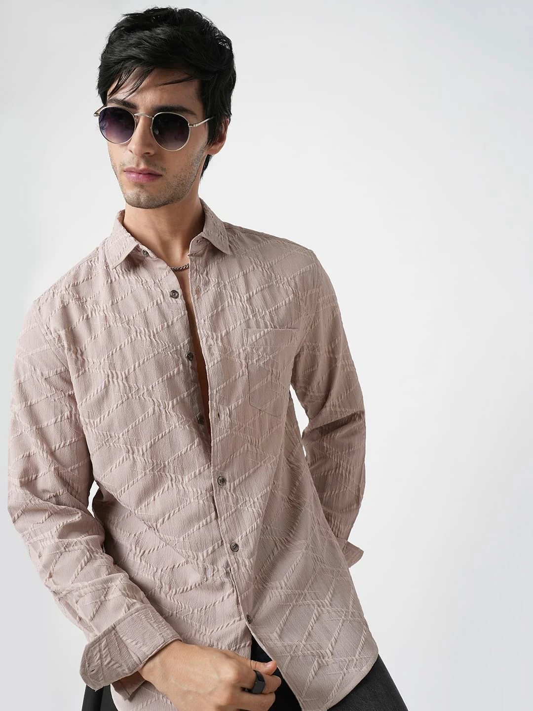 Honey Beige Abstract Textured Detailed Shirt - Image 4