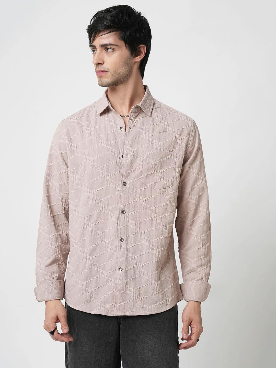 Honey Beige Abstract Textured Detailed Shirt - Image 5