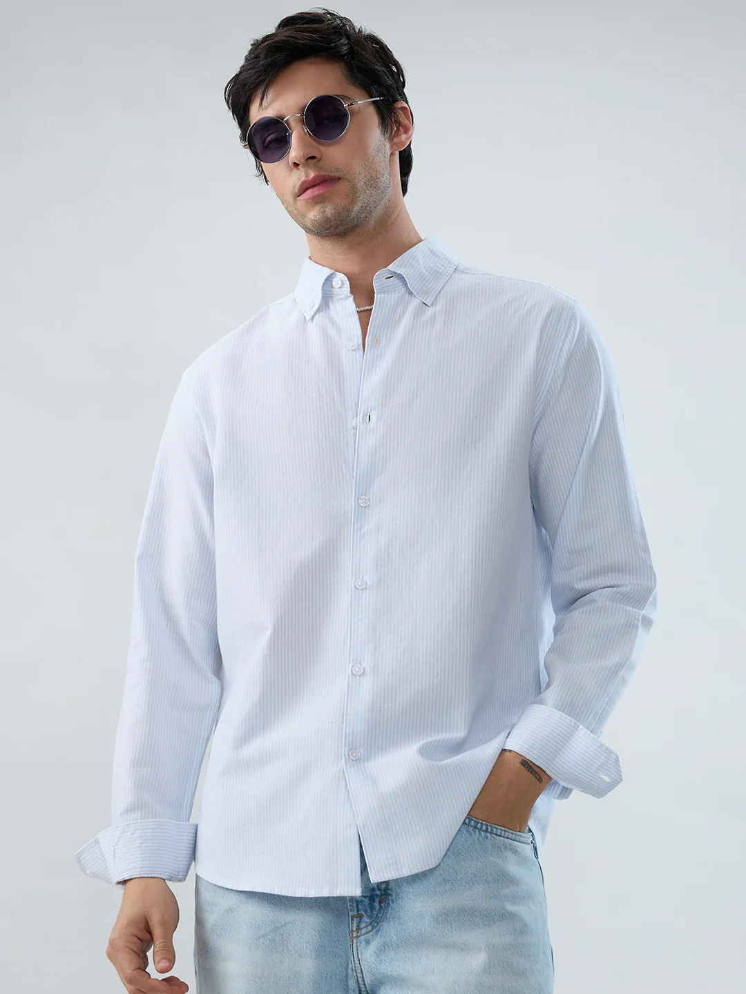 Ice Mist Blue Fine Striped Button-Down Collar Business Shirt - Image 2