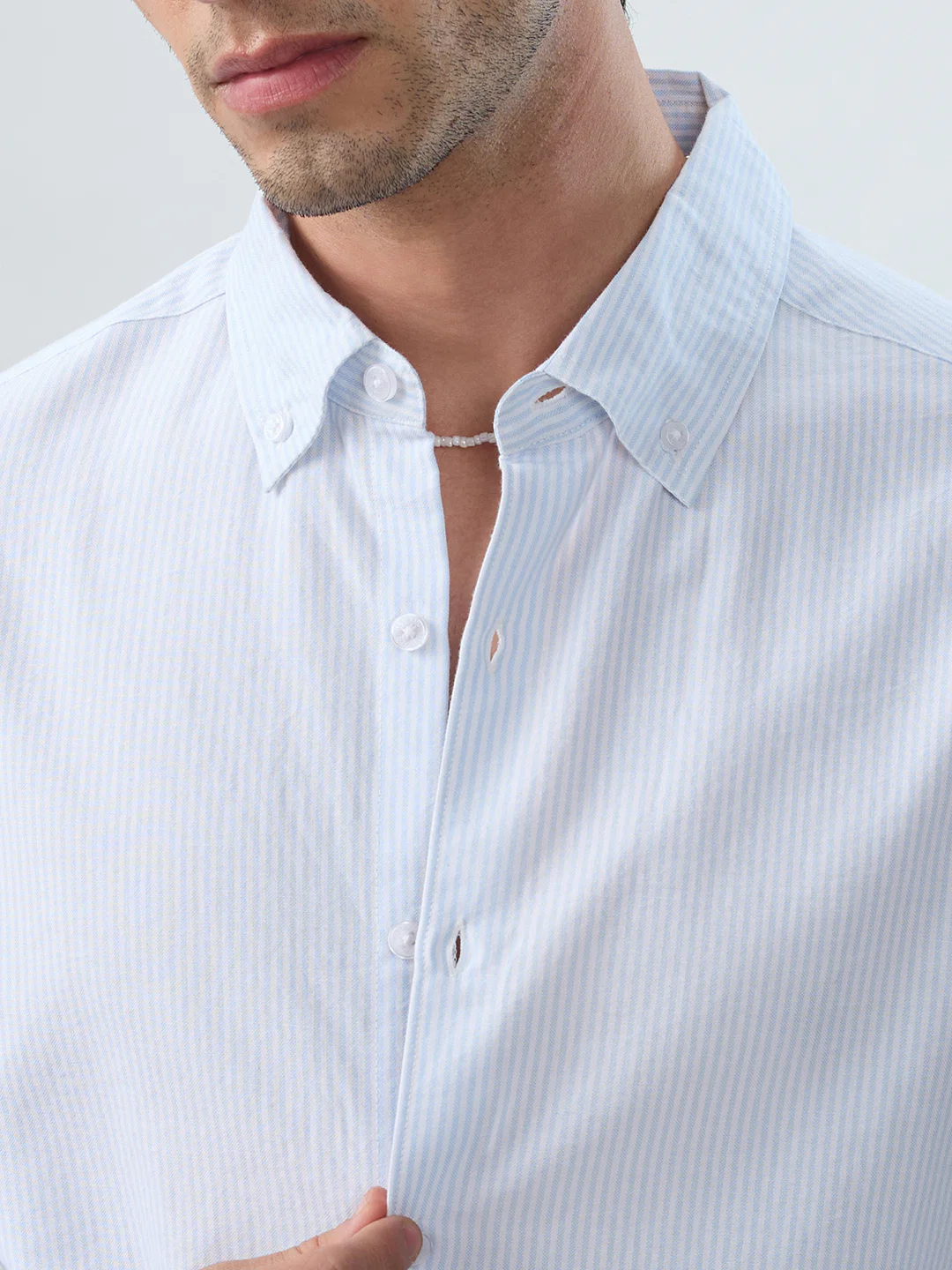Ice Mist Blue Fine Striped Button-Down Collar Business Shirt - Image 3