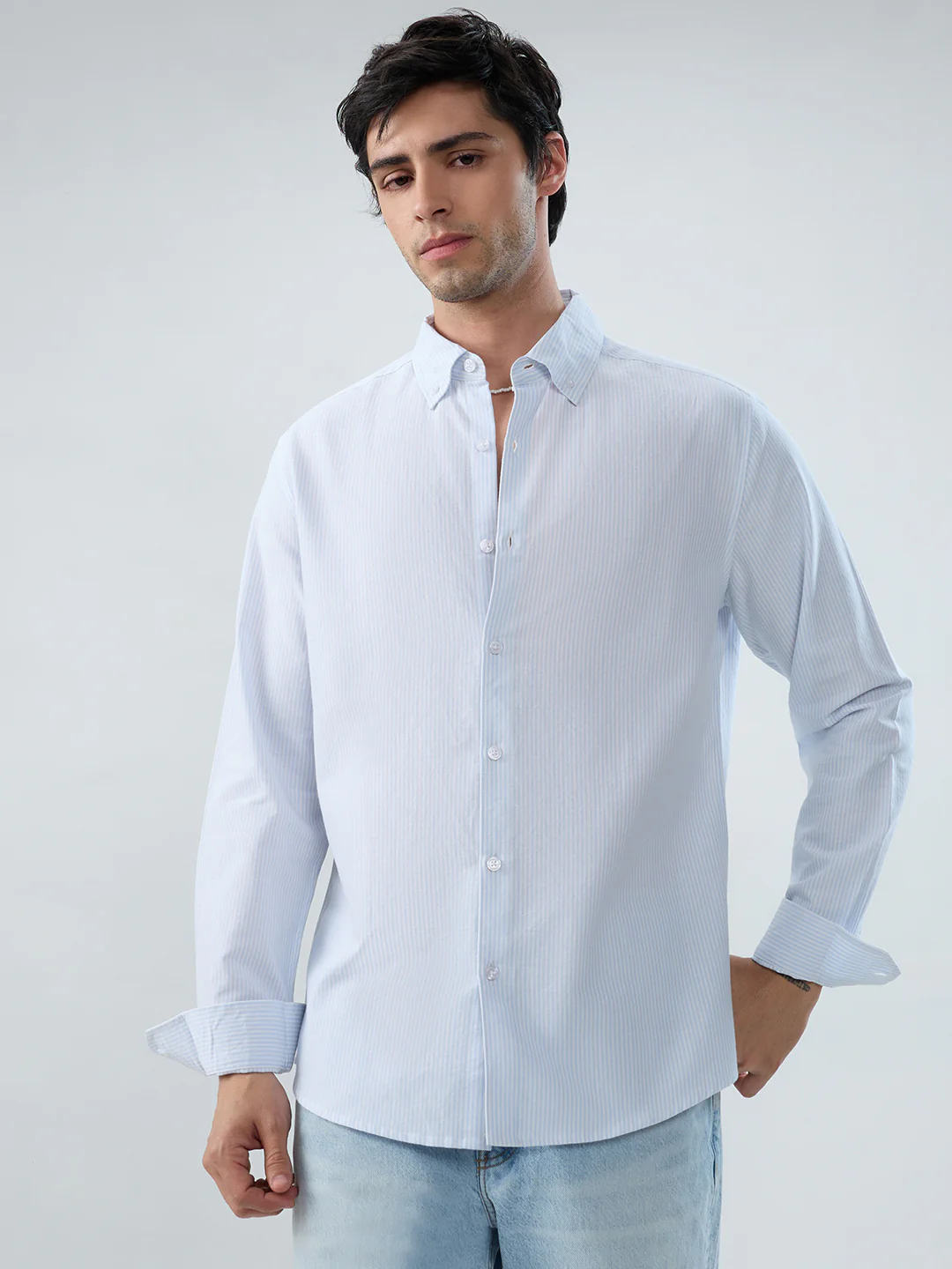 Ice Mist Blue Fine Striped Button-Down Collar Business Shirt - Image 4
