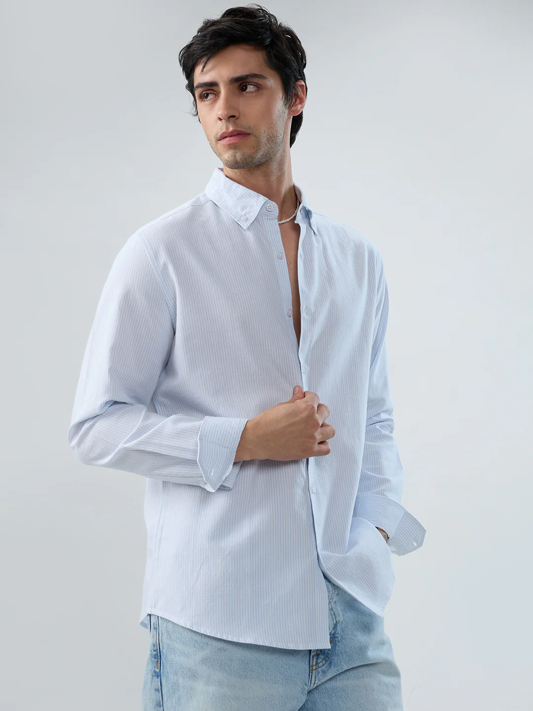 Ice Mist Blue Fine Striped Button-Down Collar Business Shirt - Image 5