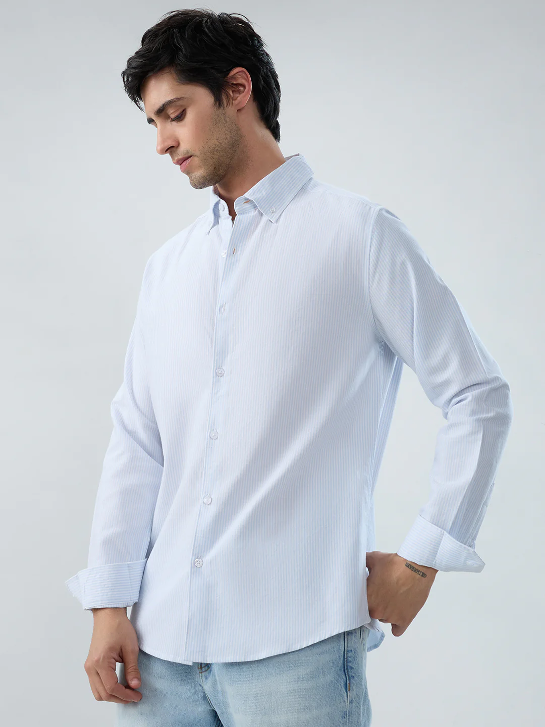 Ice Mist Blue Fine Striped Button-Down Collar Business Shirt - Image 6