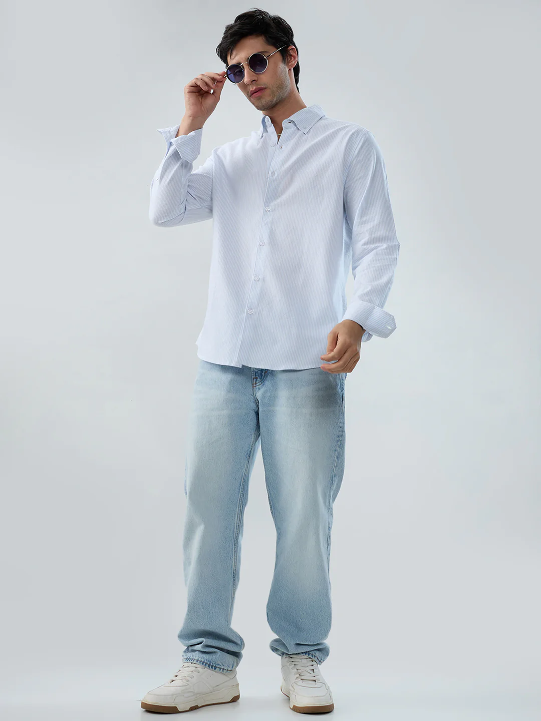 Ice Mist Blue Fine Striped Button-Down Collar Business Shirt - Image 8