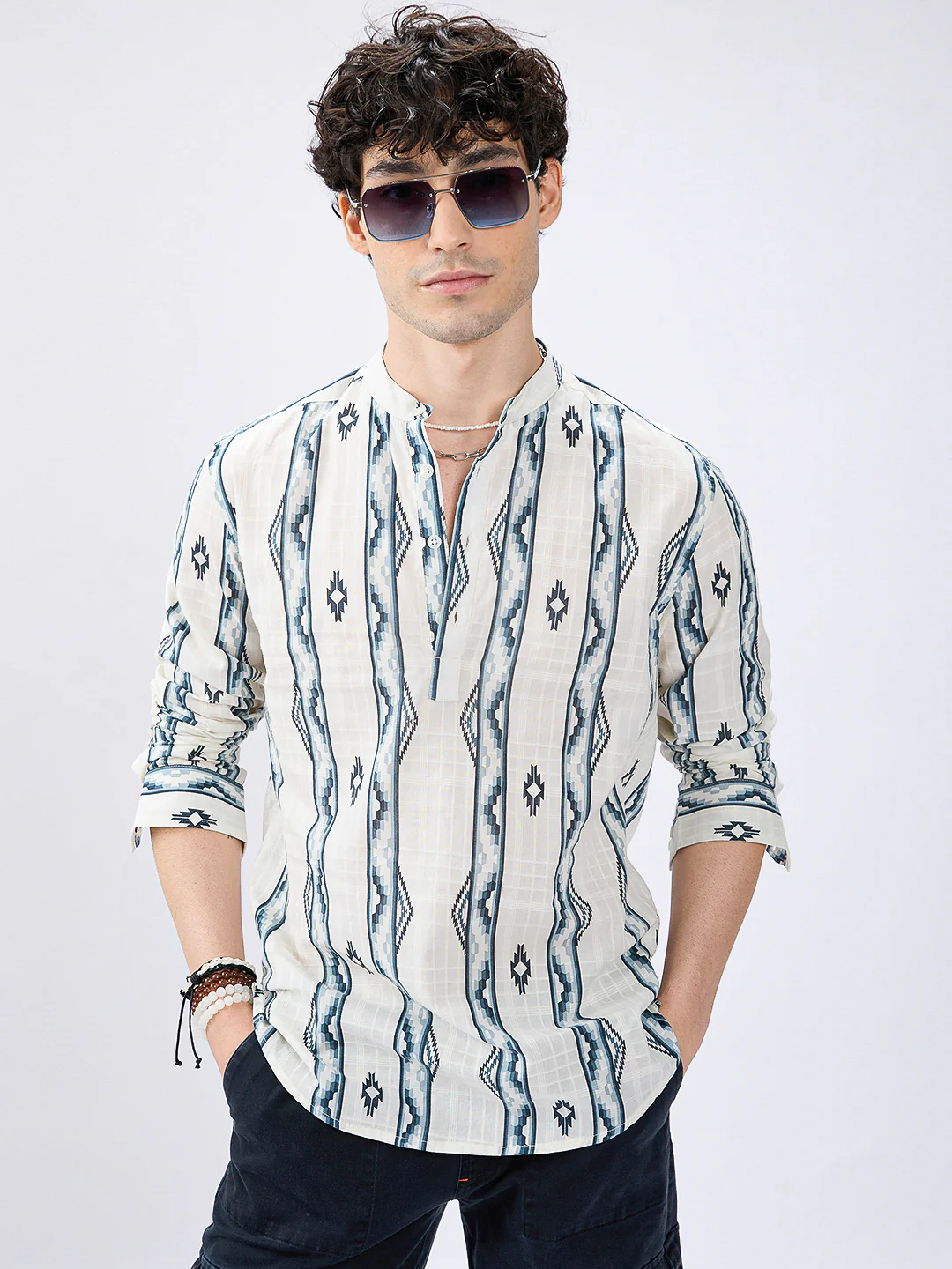 Icy Blue Chevron Flow Printed Kurta - Image 2