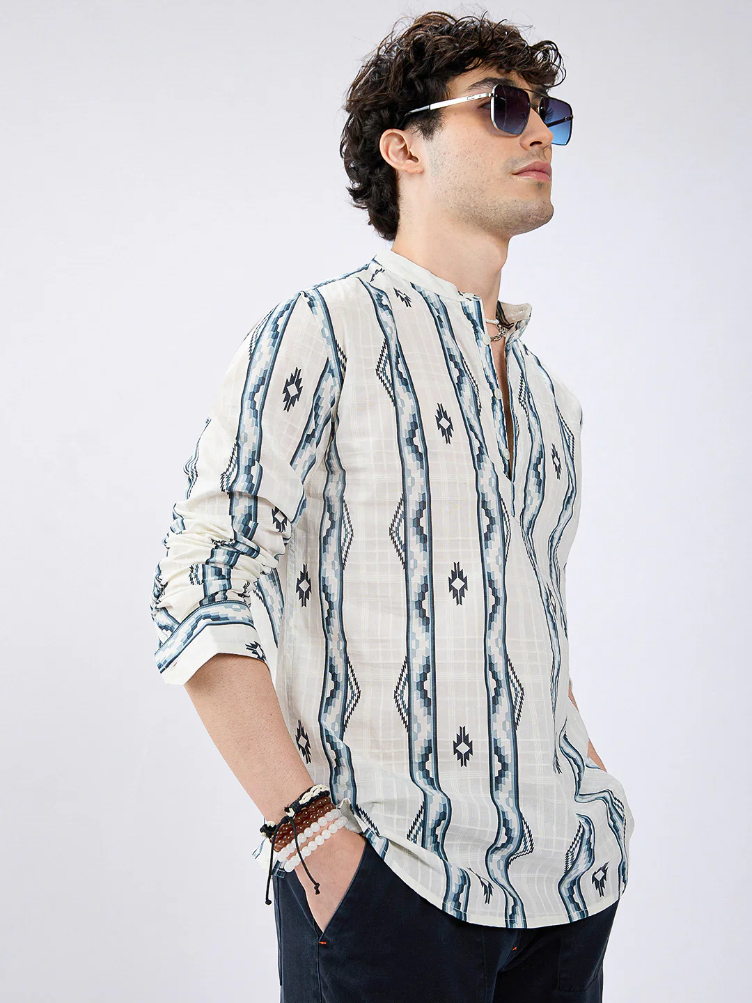 Icy Blue Chevron Flow Printed Kurta - Image 5