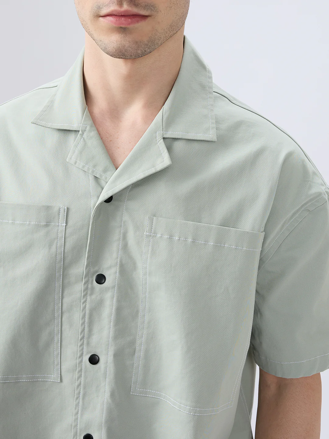 Icy Pistachio Notch Collar Oversized Cropped Utility Shirt - Image 3