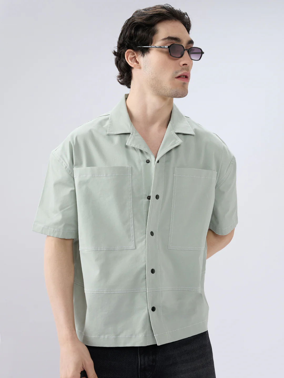 Icy Pistachio Notch Collar Oversized Cropped Utility Shirt - Image 4