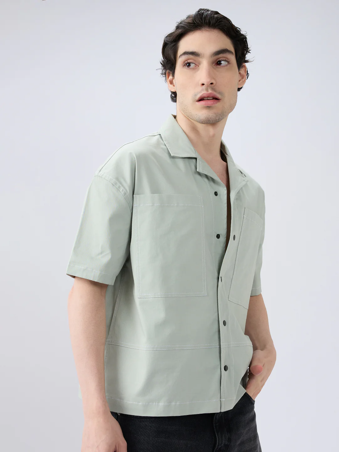 Icy Pistachio Notch Collar Oversized Cropped Utility Shirt - Image 5