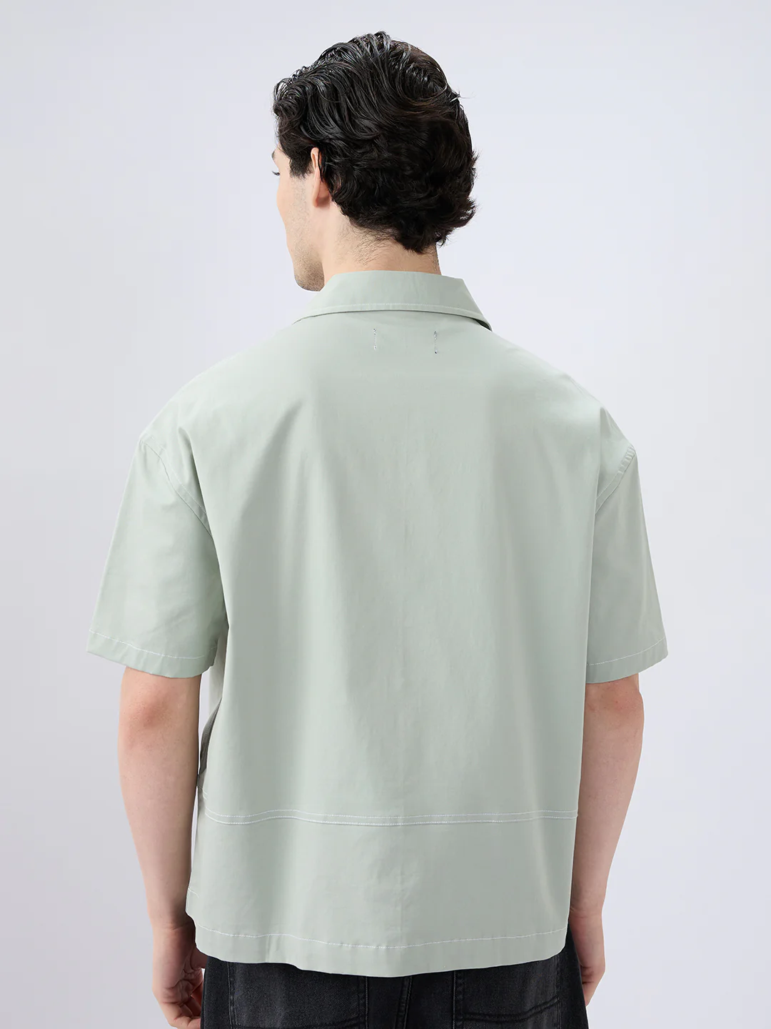 Icy Pistachio Notch Collar Oversized Cropped Utility Shirt - Image 6