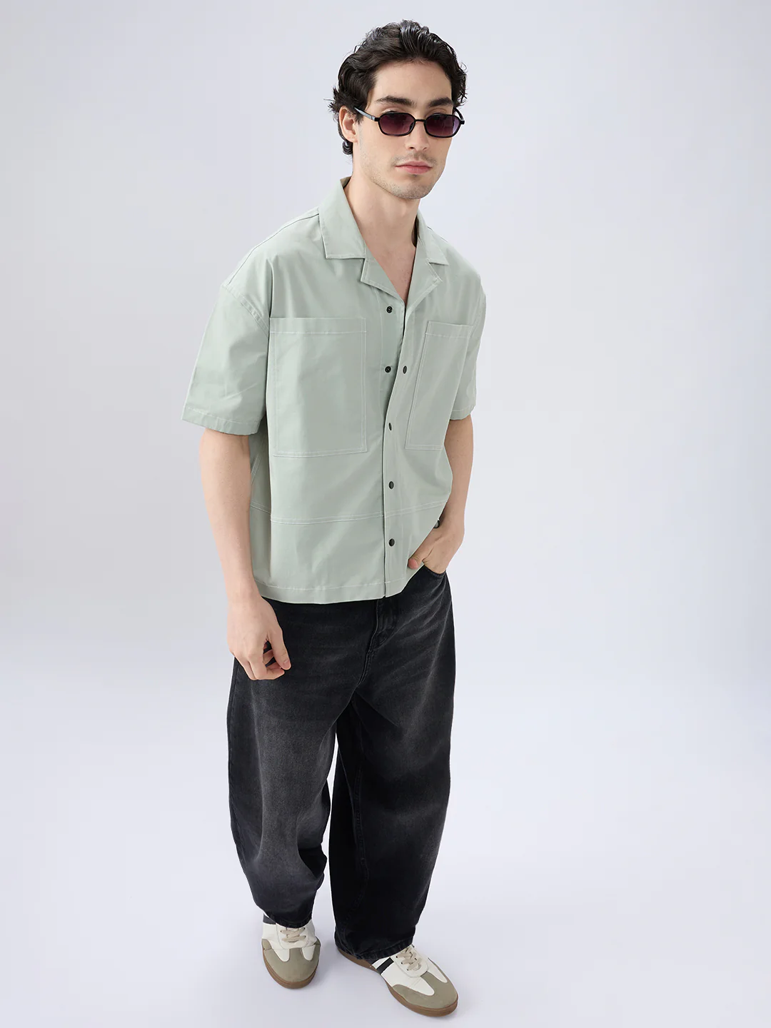 Icy Pistachio Notch Collar Oversized Cropped Utility Shirt - Image 7