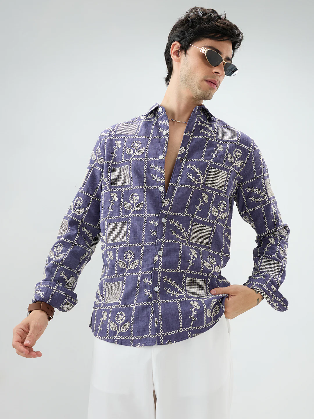 Indigo Frame Floral Contrast Embroidered Shirt - Image 2