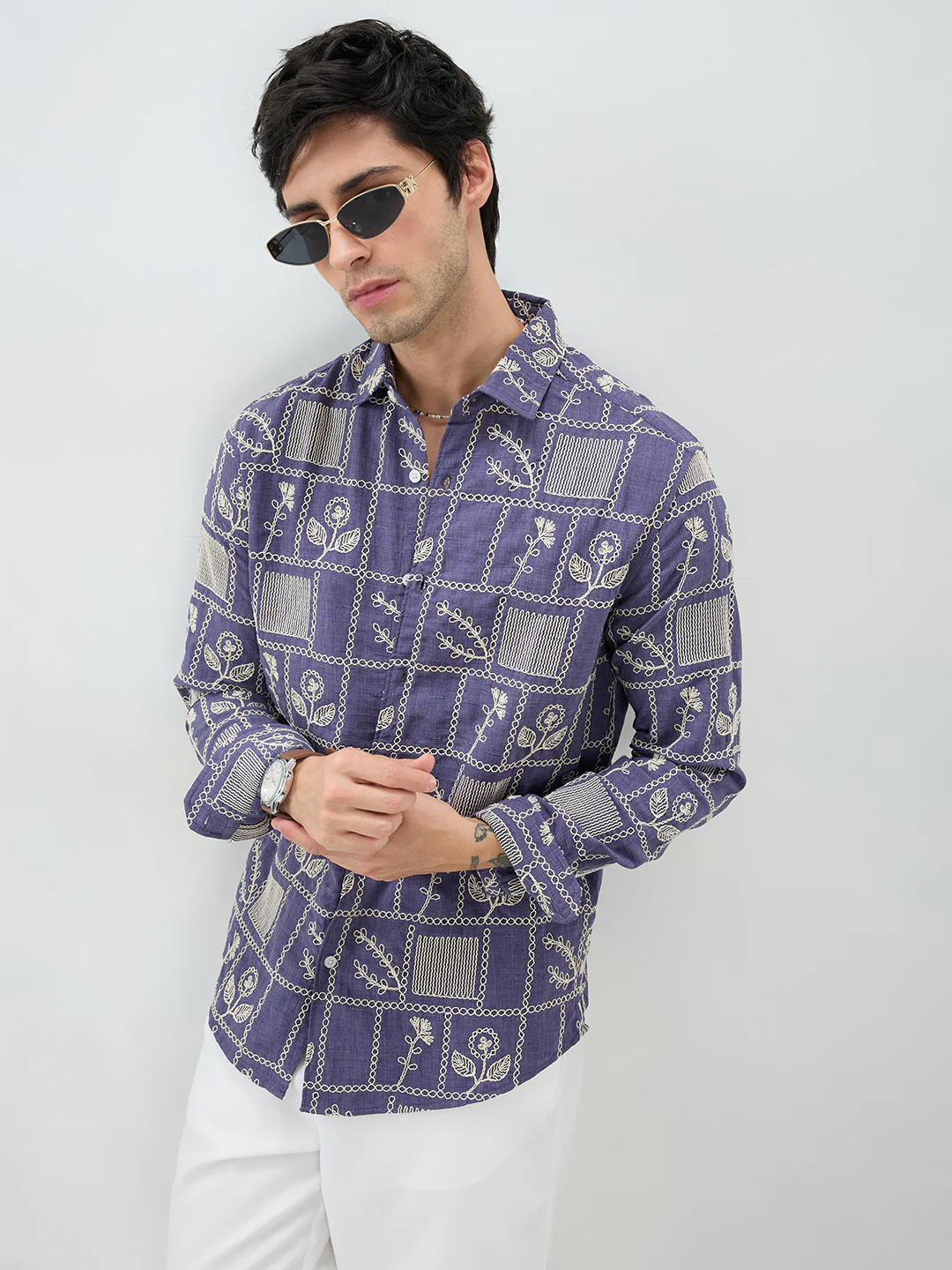 Indigo Frame Floral Contrast Embroidered Shirt - Image 4