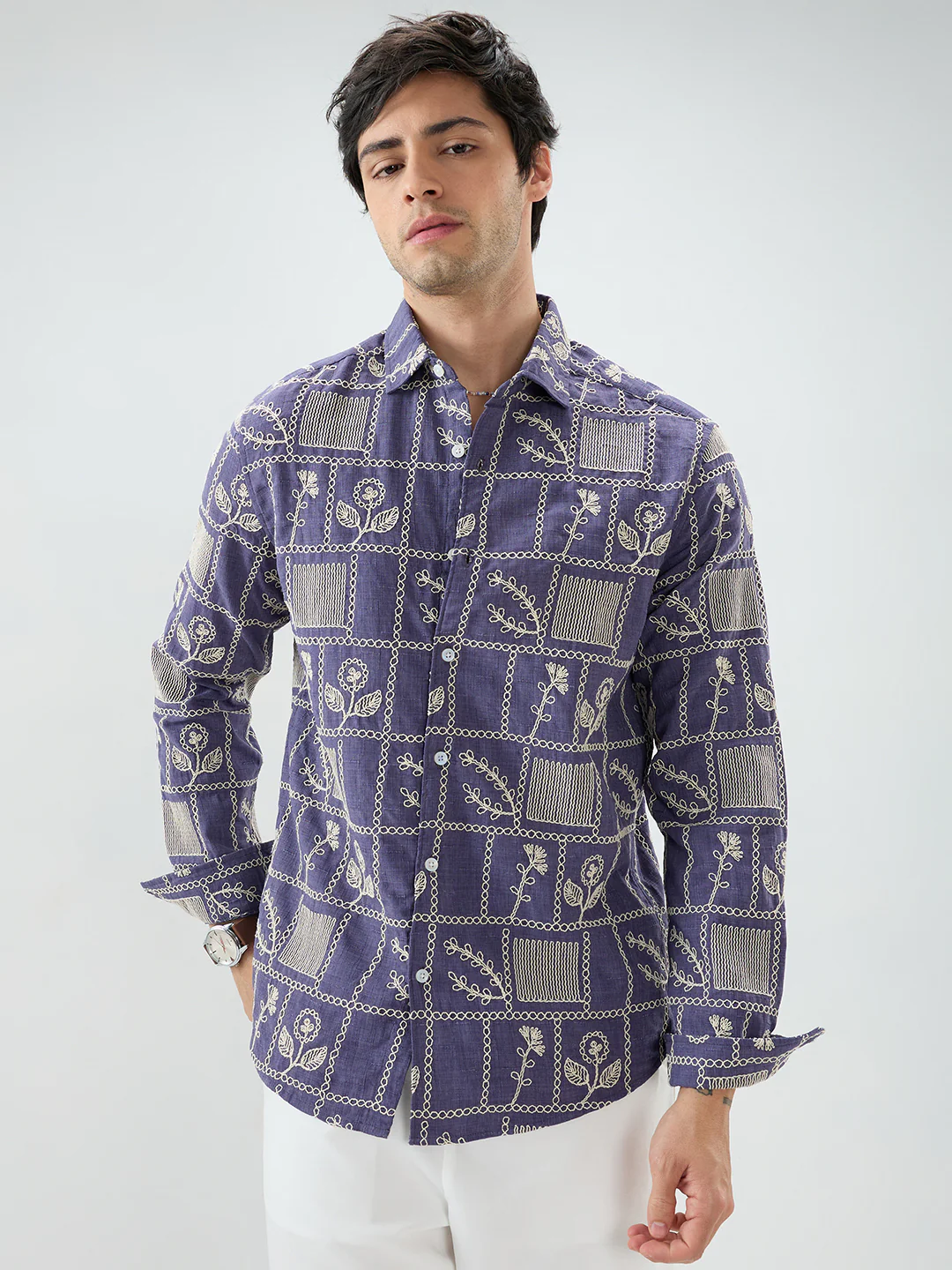 Indigo Frame Floral Contrast Embroidered Shirt - Image 5