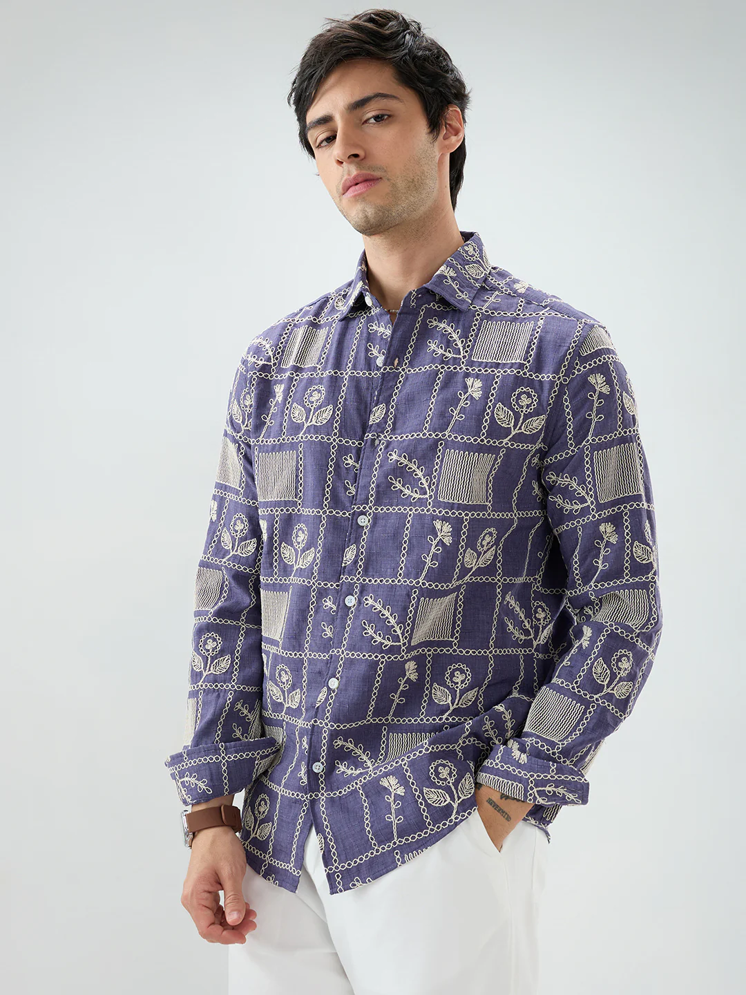 Indigo Frame Floral Contrast Embroidered Shirt - Image 6