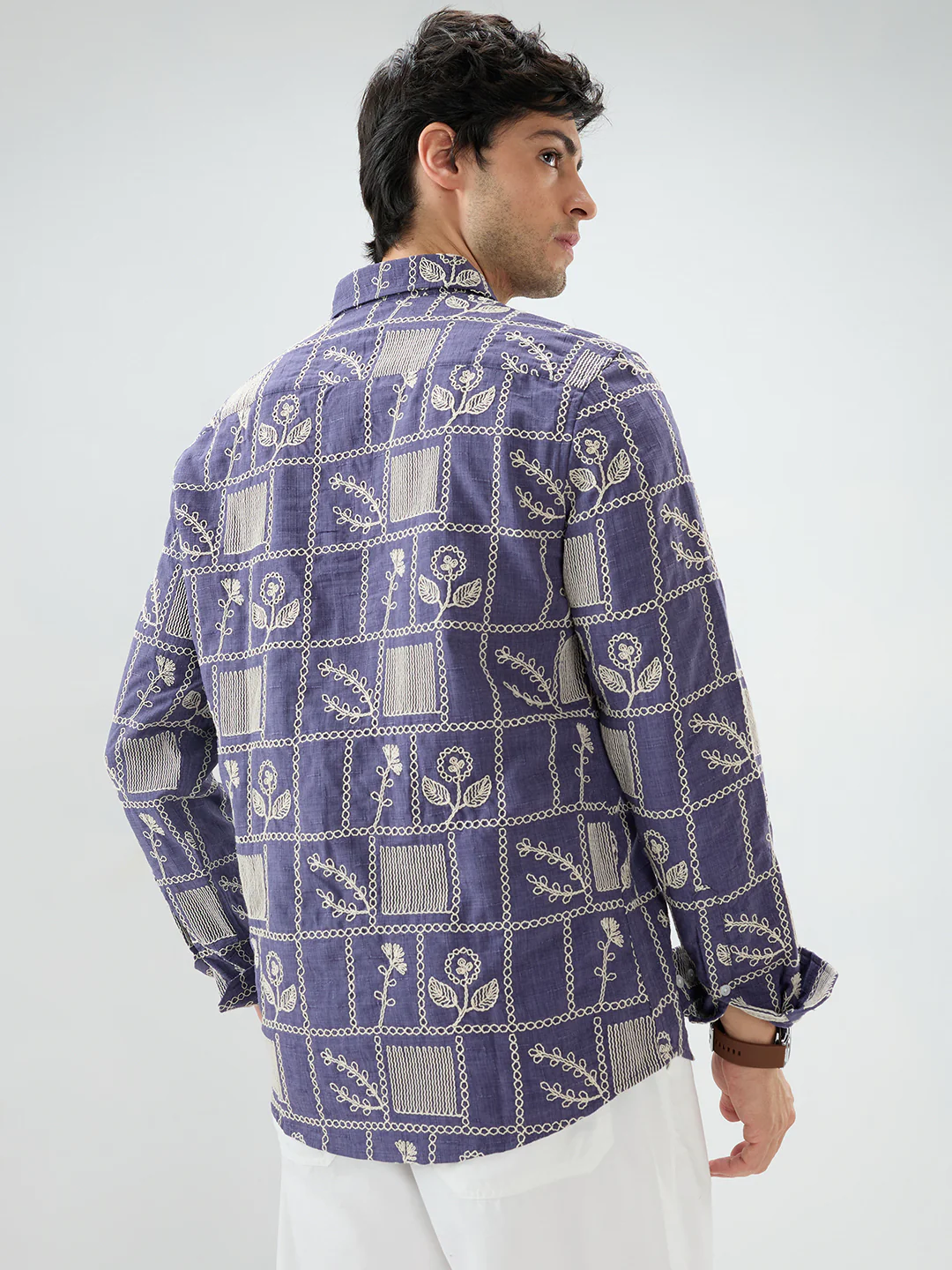 Indigo Frame Floral Contrast Embroidered Shirt - Image 7