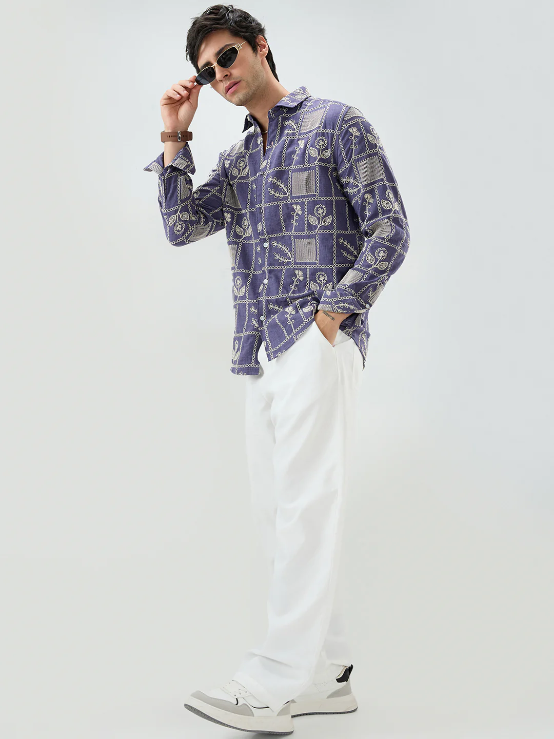 Indigo Frame Floral Contrast Embroidered Shirt - Image 8