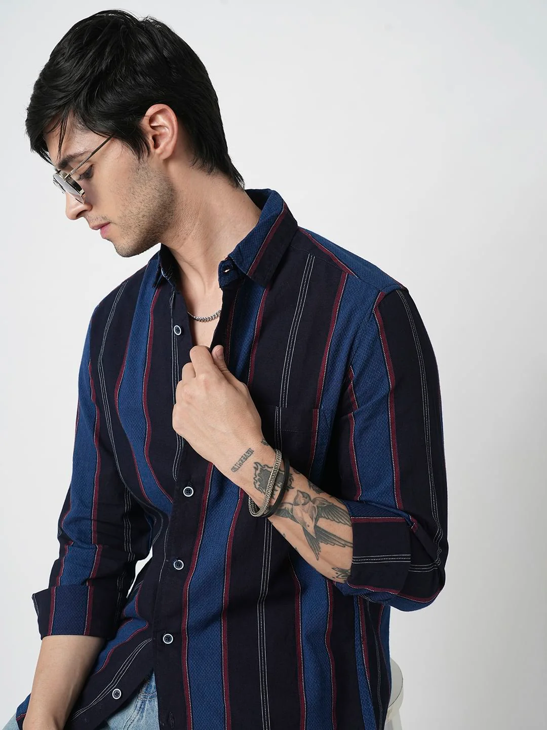 Ingenious Navy Streaky Striped Dobby Shirt - Image 2