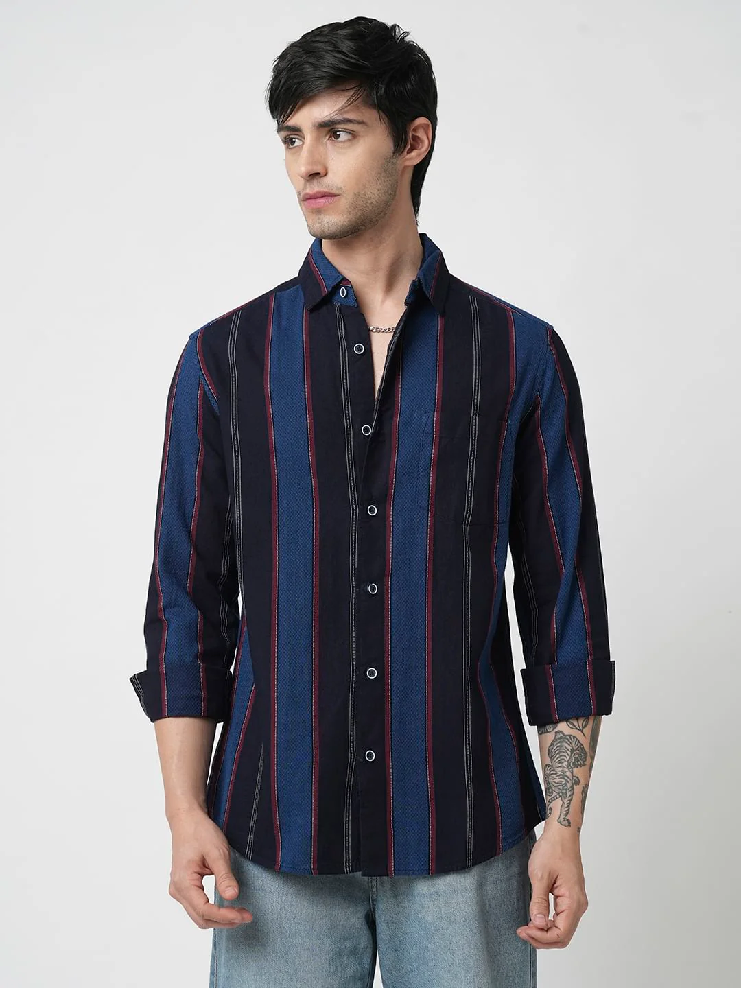 Ingenious Navy Streaky Striped Dobby Shirt - Image 4