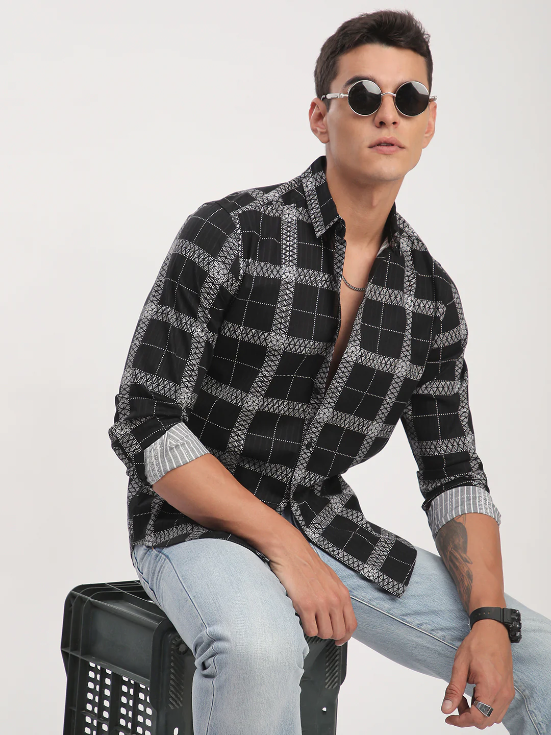 Ink Black Glyphs Grid Checks Shirt - Image 2