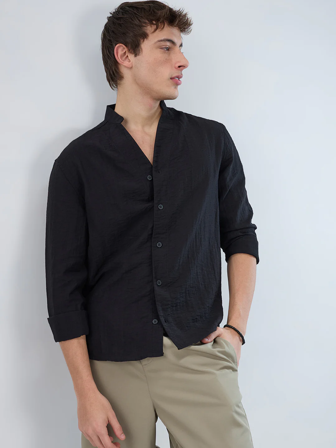 Ink Black Textured Stand Collar Oversized Shirt - Image 2