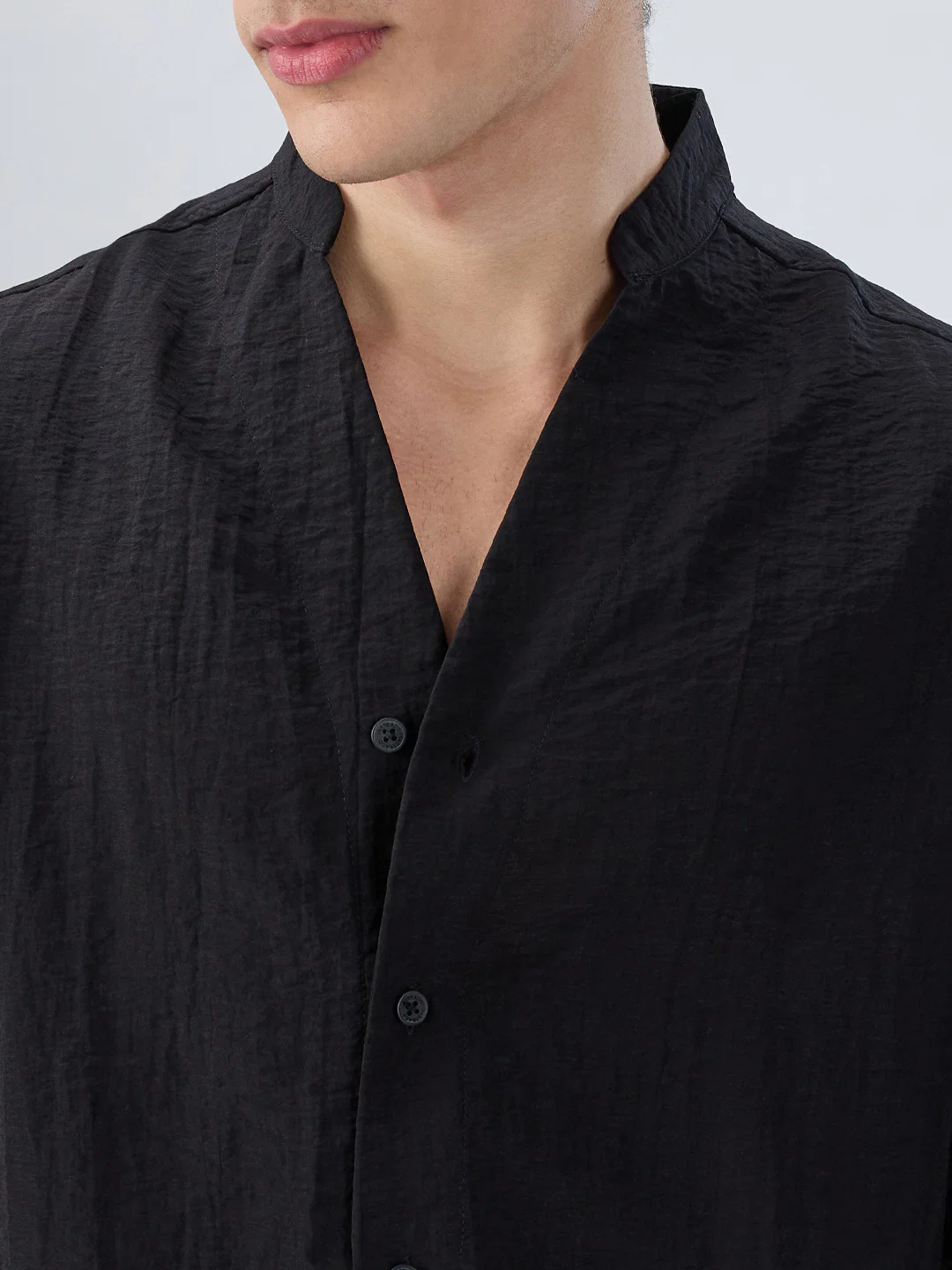 Ink Black Textured Stand Collar Oversized Shirt - Image 3