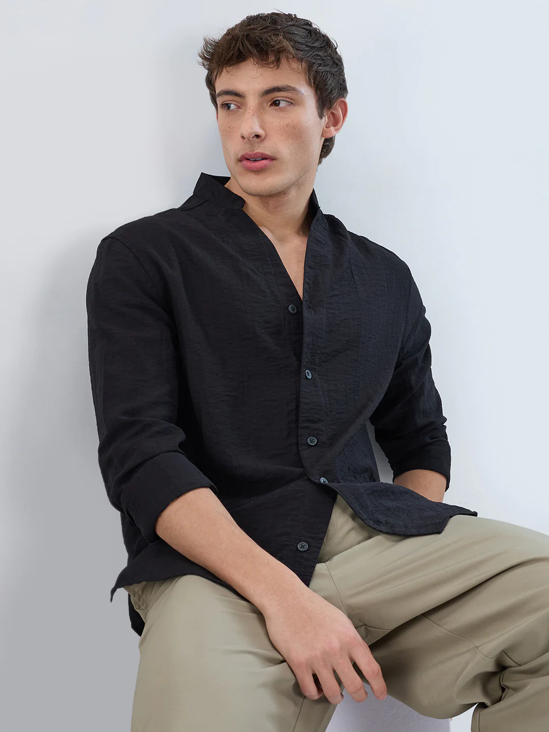 Ink Black Textured Stand Collar Oversized Shirt - Image 4