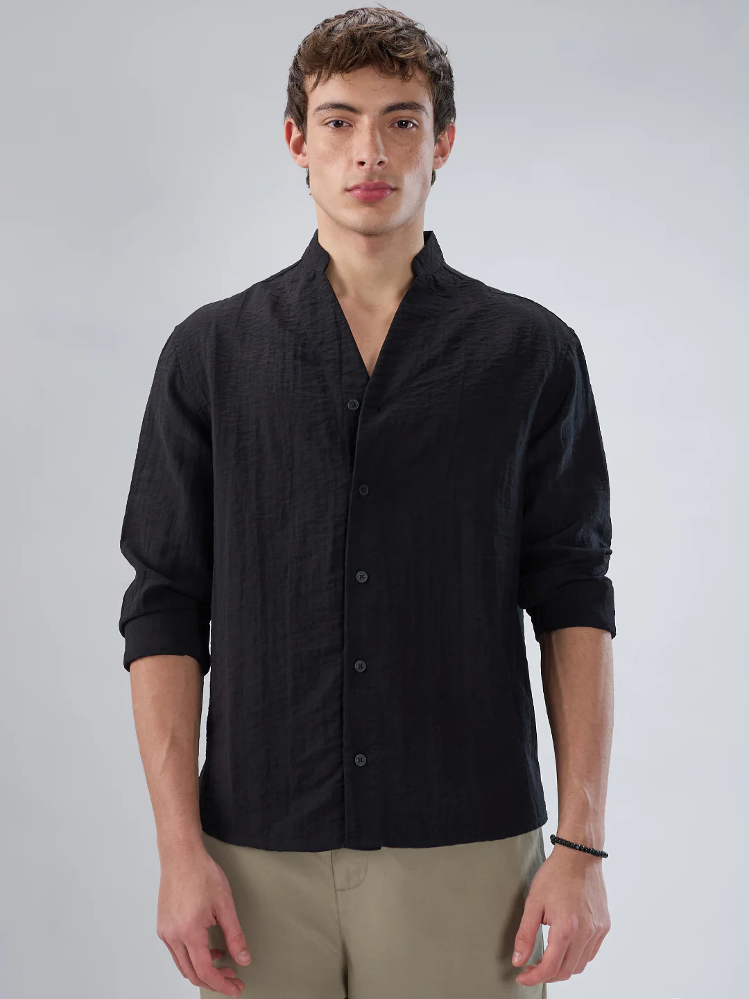 Ink Black Textured Stand Collar Oversized Shirt - Image 5