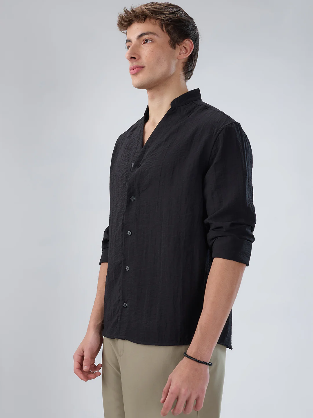 Ink Black Textured Stand Collar Oversized Shirt - Image 6