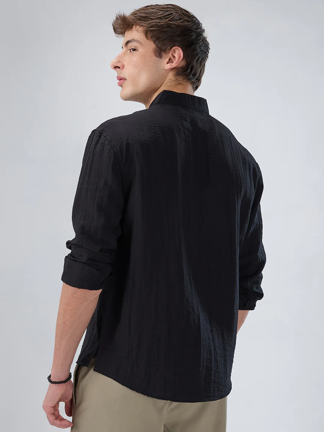 Ink Black Textured Stand Collar Oversized Shirt - Image 7