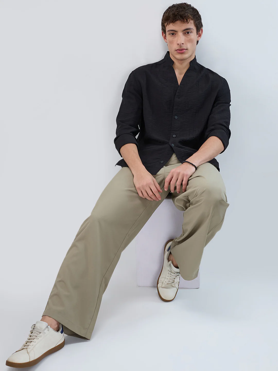 Ink Black Textured Stand Collar Oversized Shirt - Image 8