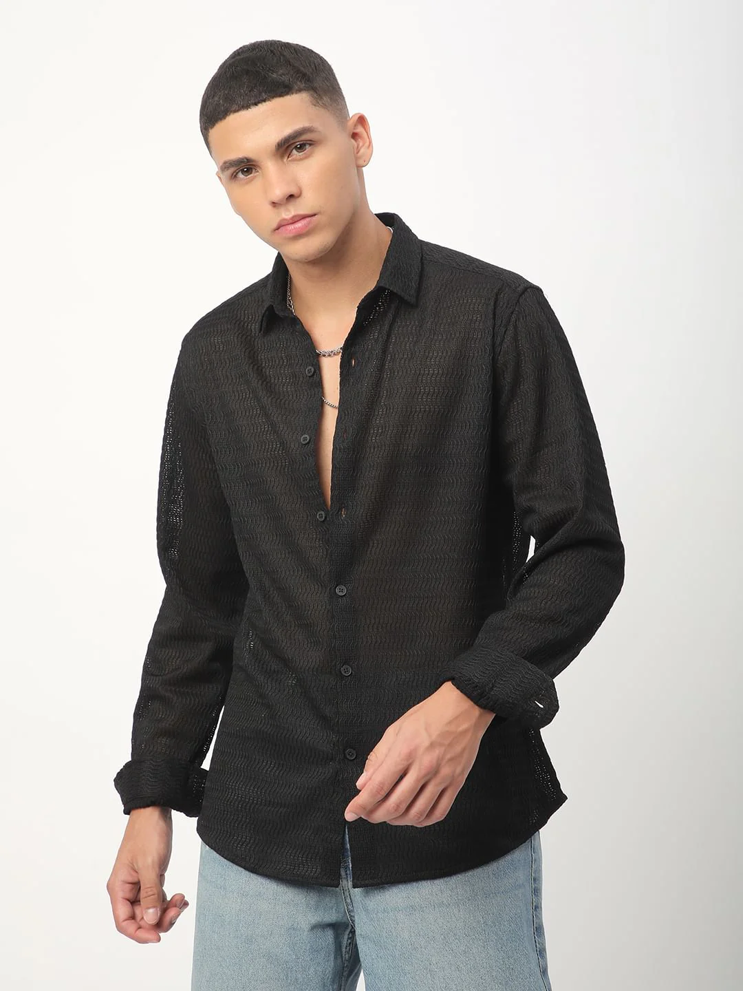 Intense Black Wavy Textured Shirt - Image 5