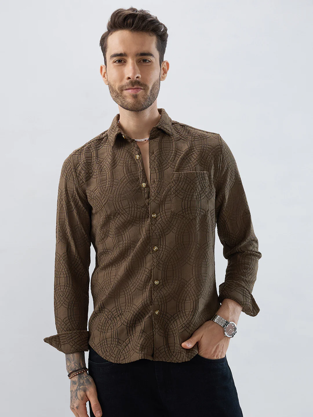 Interweave Mocha Brown Crochet Shirt - Image 4