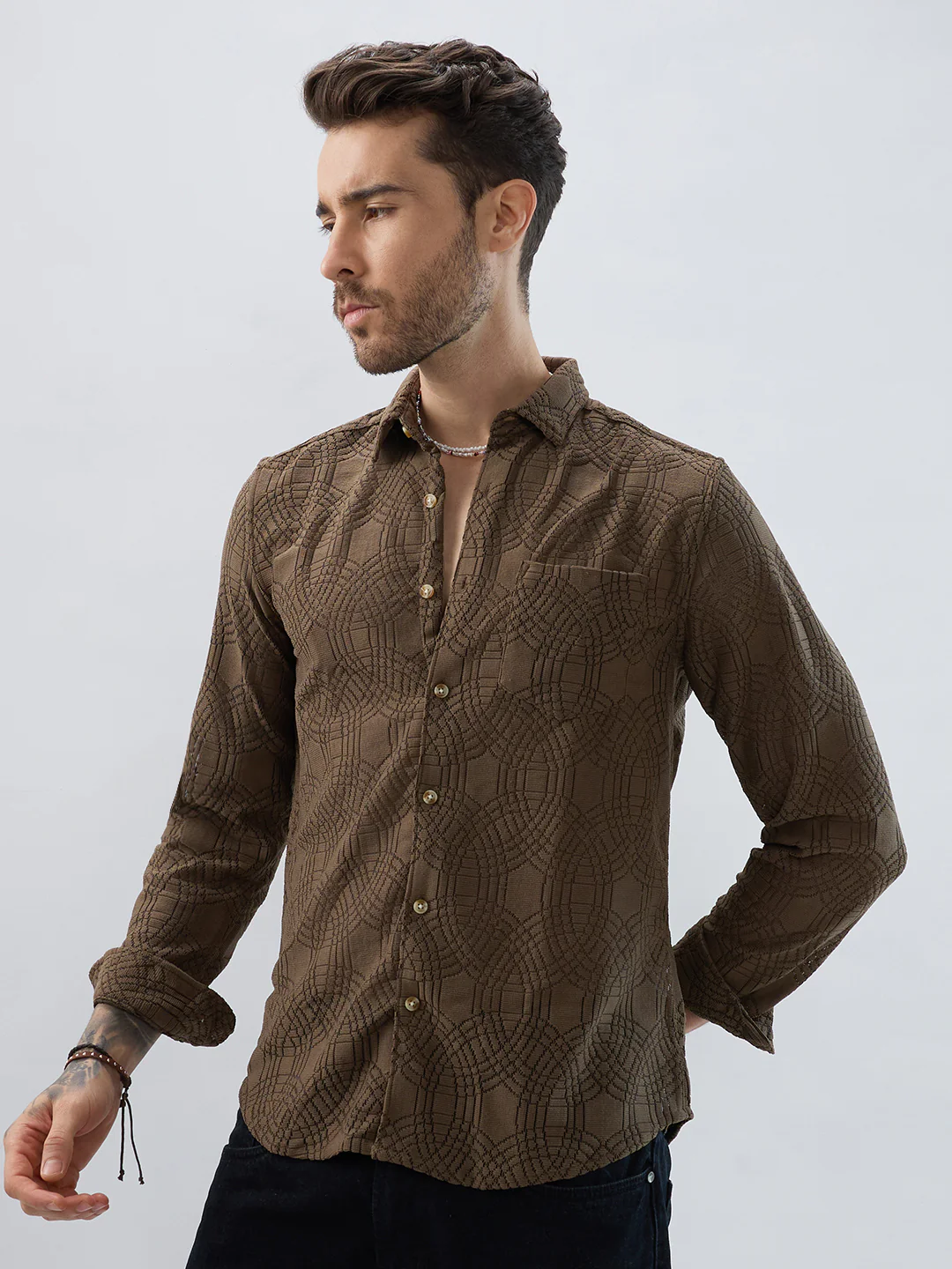 Interweave Mocha Brown Crochet Shirt - Image 6