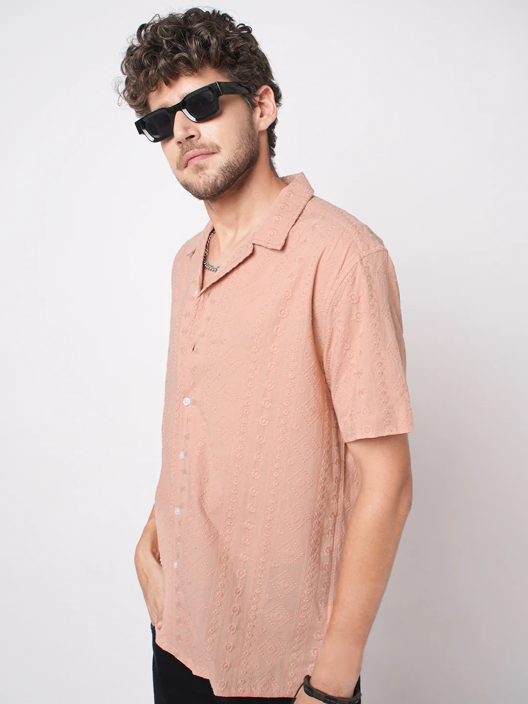 Intricate Apricot Embroidered Notch Collar Oversized Shirt - Image 2