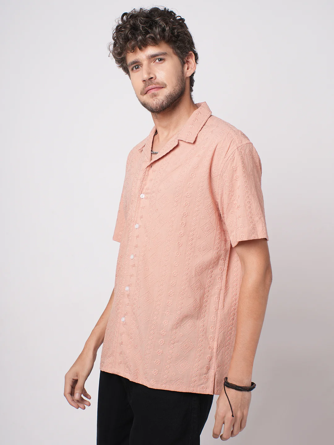 Intricate Apricot Embroidered Notch Collar Oversized Shirt - Image 5