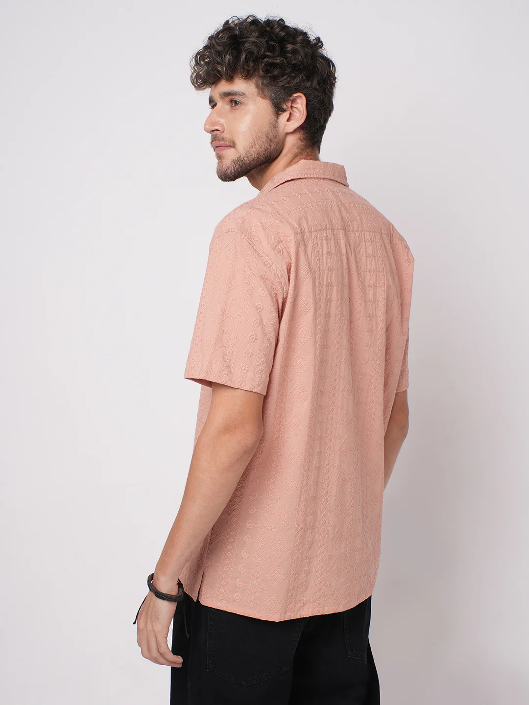 Intricate Apricot Embroidered Notch Collar Oversized Shirt - Image 6
