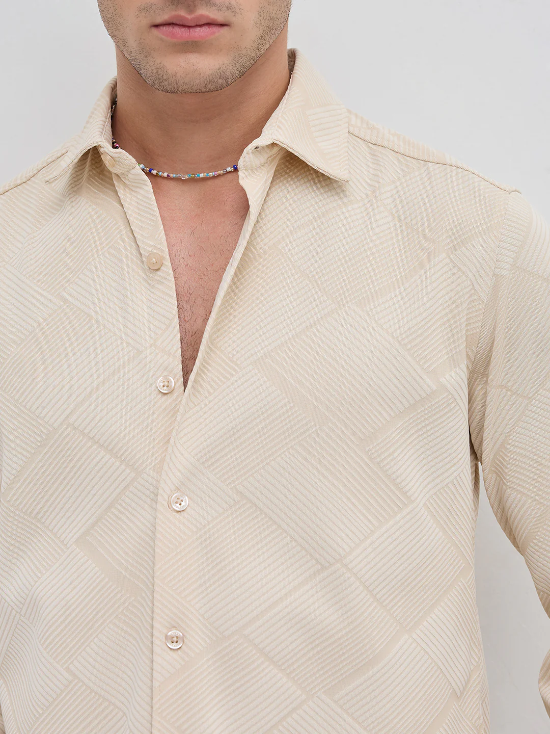 Intricate Beige Block Weave Knitted Shirt - Image 3