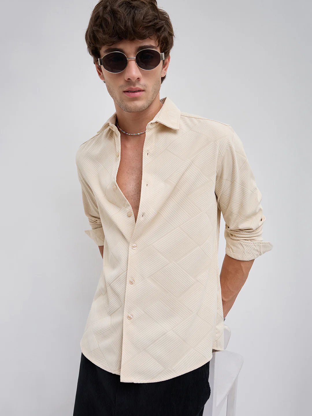Intricate Beige Block Weave Knitted Shirt - Image 4