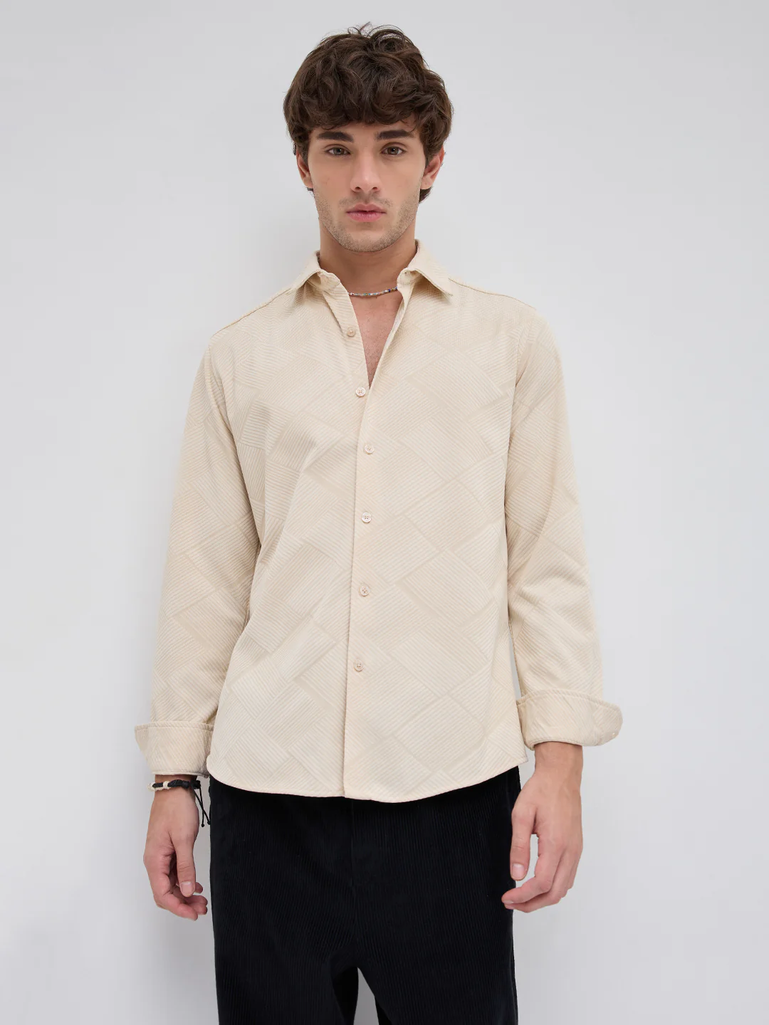 Intricate Beige Block Weave Knitted Shirt - Image 5