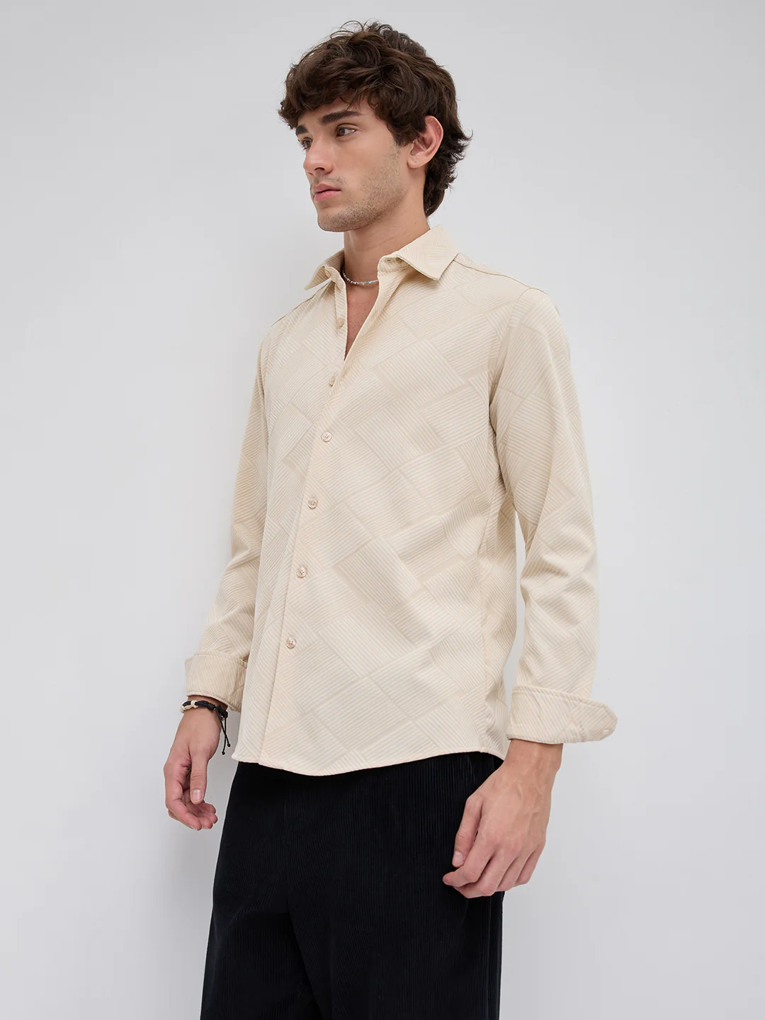 Intricate Beige Block Weave Knitted Shirt - Image 6
